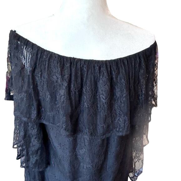 Lucky Brand Ruffle Lace Top Black Off Shoulder Long Sleeve Womens Size XS NWT - Picture 5 of 12